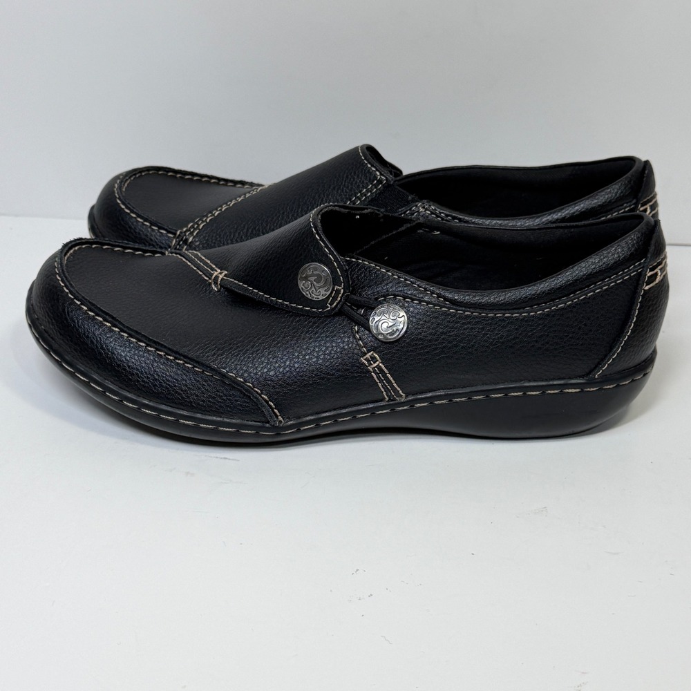 Clarks Shoes Women 8W Cheyn Madi Slip On Black Leather Comfort Casual Office